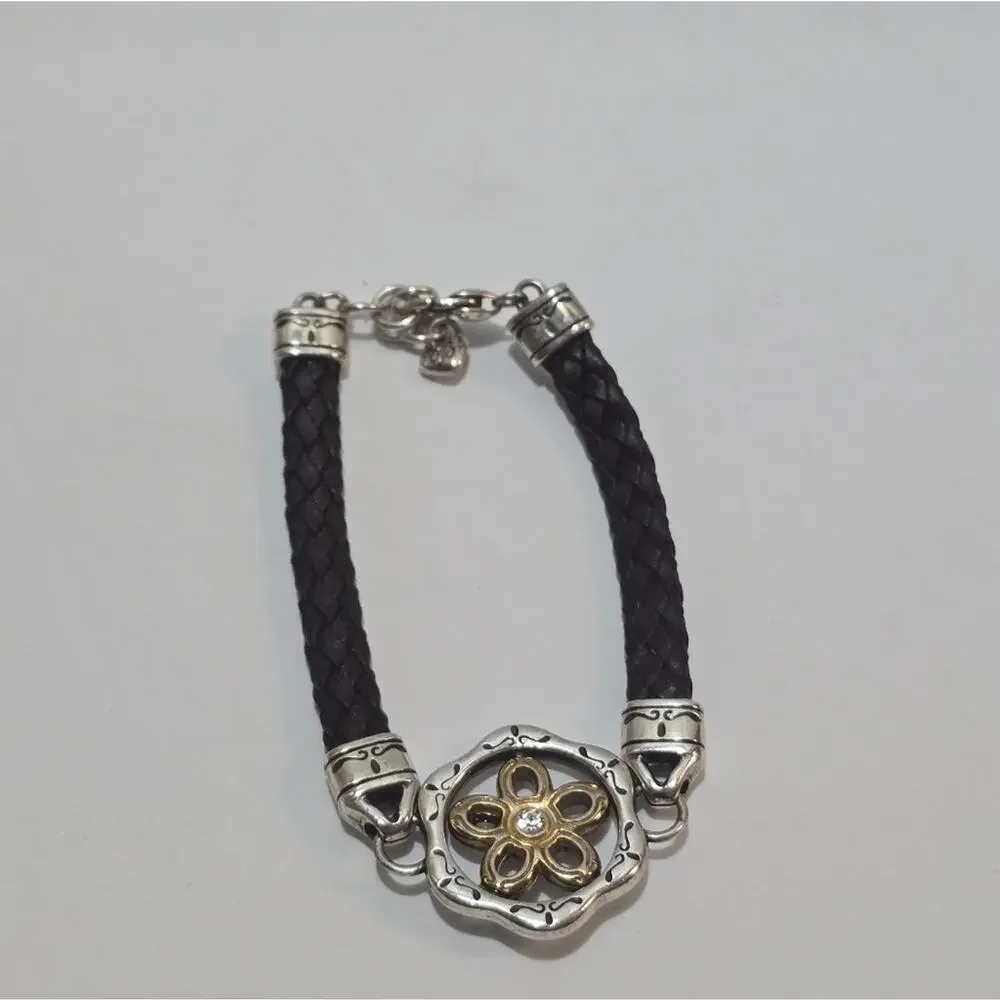 Brighton‎ Black Leather Braided Reversible Charm Station Bracelet